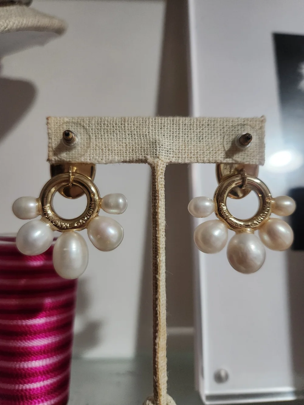 Mignonne Gavigan Gold Hoop Earrings with Pearl Drops and Gray Stone Studs